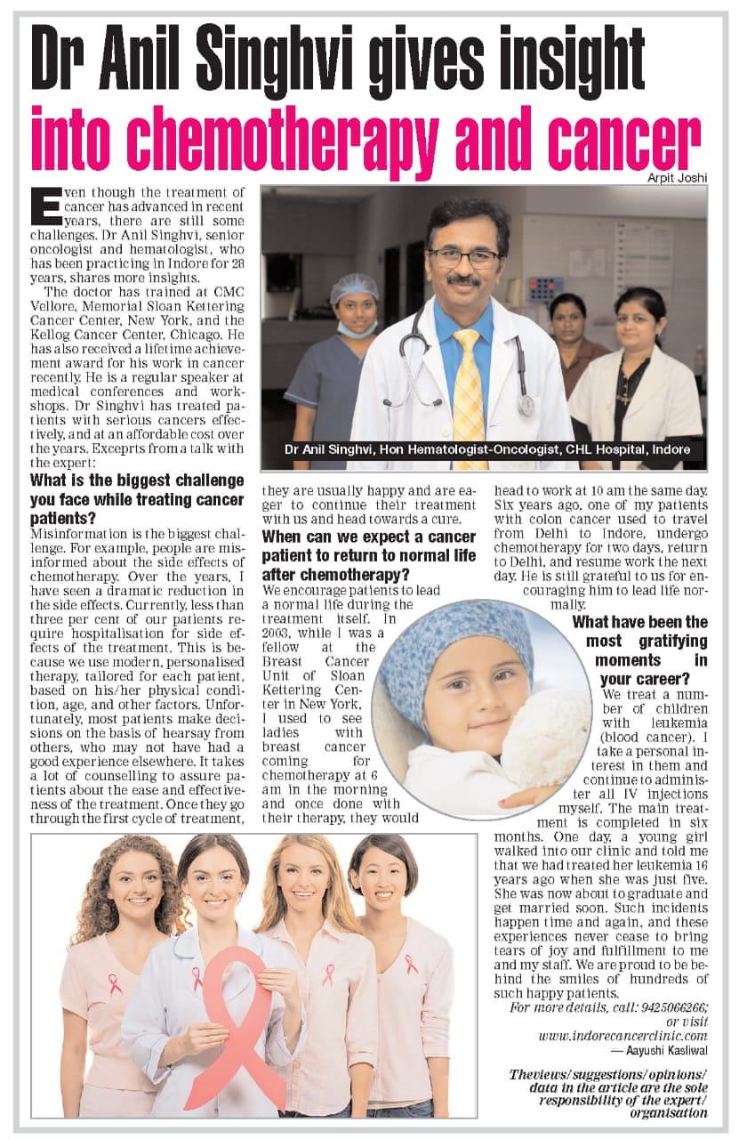 Newspaper clipping: Dr Anil Singhvi gives insight into chemotherapy and cancer